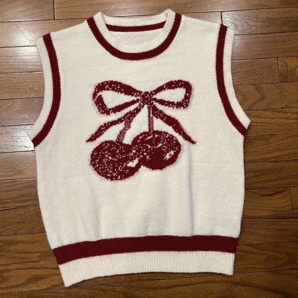 Cherry Bow Knit Sweater Vest Women Medium Red Ivory Coquette Cottagecore Cute